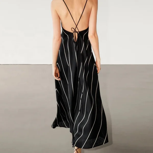 Eco Friendly Casual Loose Stripe Dresses Women Lady Elegant 100% Cotton Linen Sleeveless V Neck Sling Long One Piece Dress - Image 3