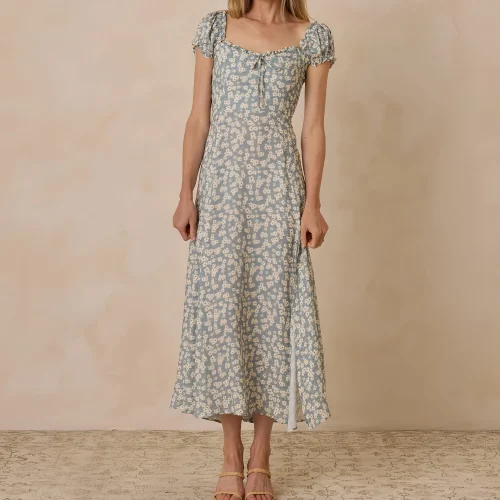 Elegant Design square Collar Floral Print Side Slit Casual Dresses Women Bohemian Style Fashion Summer Dress