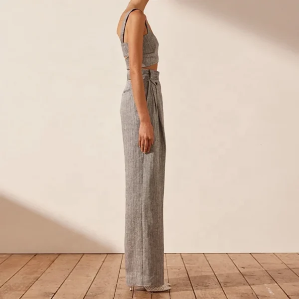 New Design Women Cotton Linen Fabric Solid Color Trousers High Waist Wide Leg Pant Casual Straight Long Pants - Image 3