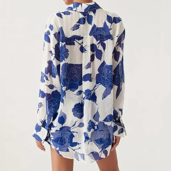 New Design Women Summer Floral Printed Linen Shirt Lounge Seaside Wear Turn-down Collar Blouse Top Sleepwear Pajama - Image 4