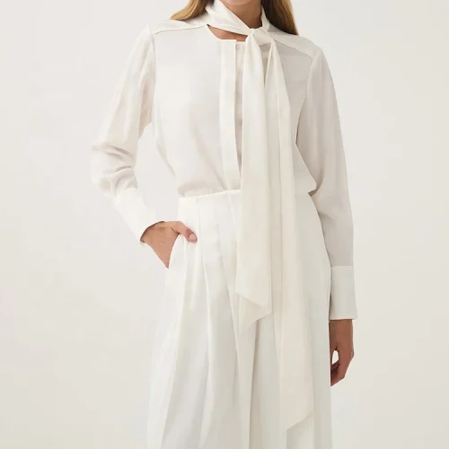 Office Ladies Summer Long Sleeve Top Cotton Linen Shirts Women Lace-Up Crew Neck Casual Elegant Blouses