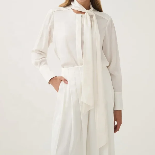 Office Ladies Summer Long Sleeve Top Cotton Linen Shirts Women Lace-Up Crew Neck Casual Elegant Blouses