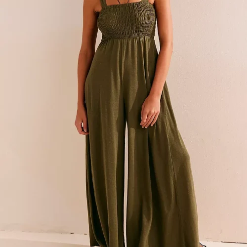 High Quality Summer Solid Color Jumpsuit Halter Sleeveless Causal Wide Leg Loose Pants Women Jumpsuit
