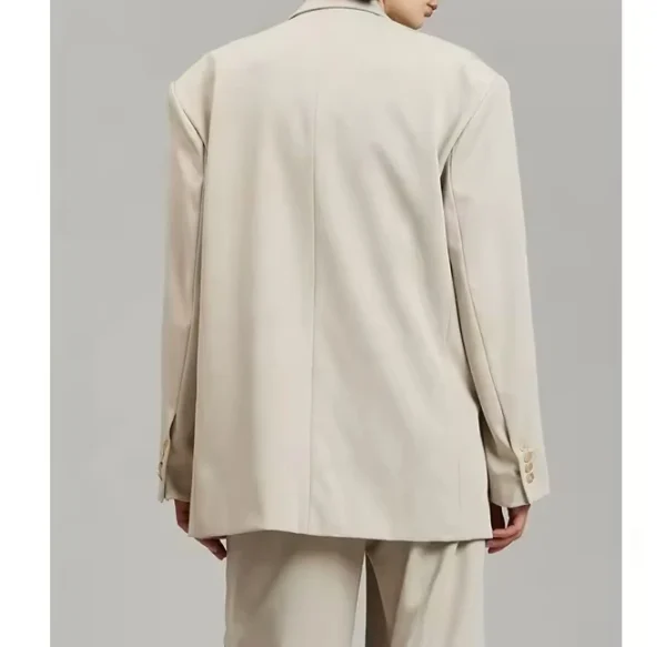 Women Jacket Beige Mid Weight Suiting Oversized Silhouette Padded Shoulders Flap Front Pockets Button Front Oversized Fit blazer - Image 4