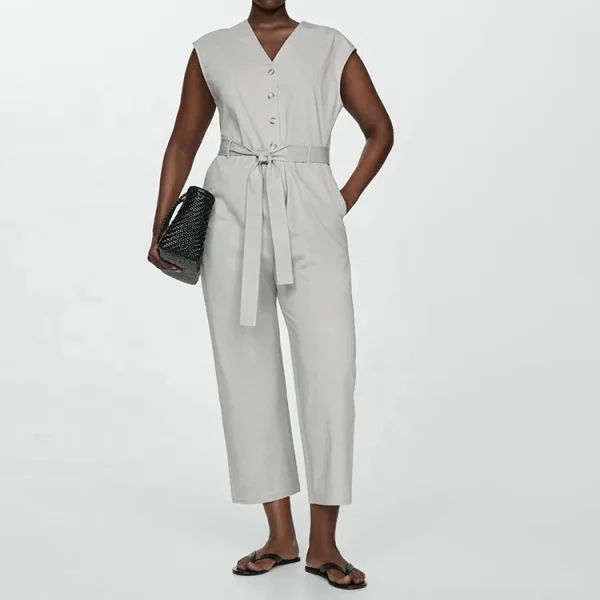 High Quality Summer Elegant Ladies Button Cotton Linen Jumpsuit for Women Sleeveless Bodysuit With Belt - Image 5