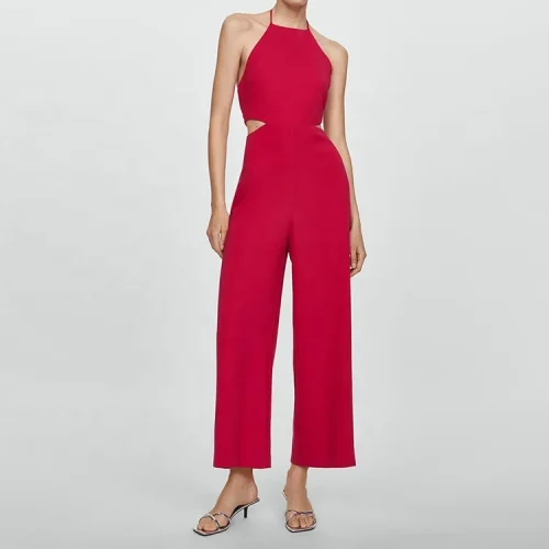 Top Fashion Halter Jumpsuit With Slits Summer Formal Elegant Ladies One Piece Cotton Linen Jumpsuits for Women