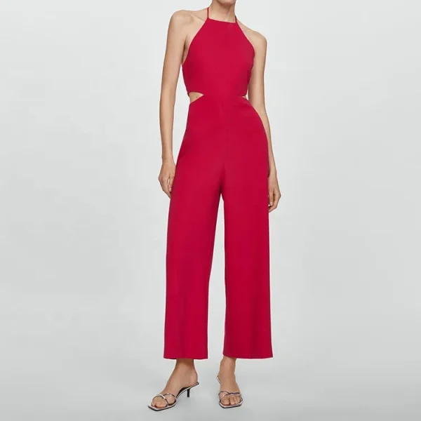 Top Fashion Halter Jumpsuit With Slits Summer Formal Elegant Ladies One Piece Cotton Linen Jumpsuits for Women