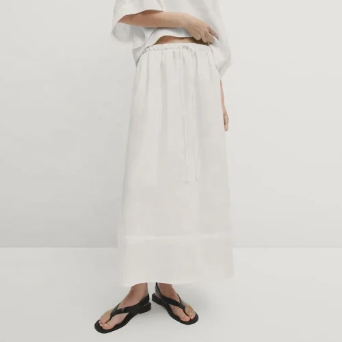 Linen Casual Dress White Drawstring 100% Pure Cotton Linen Long Dress Simple All-match Loose Skirt for Women
