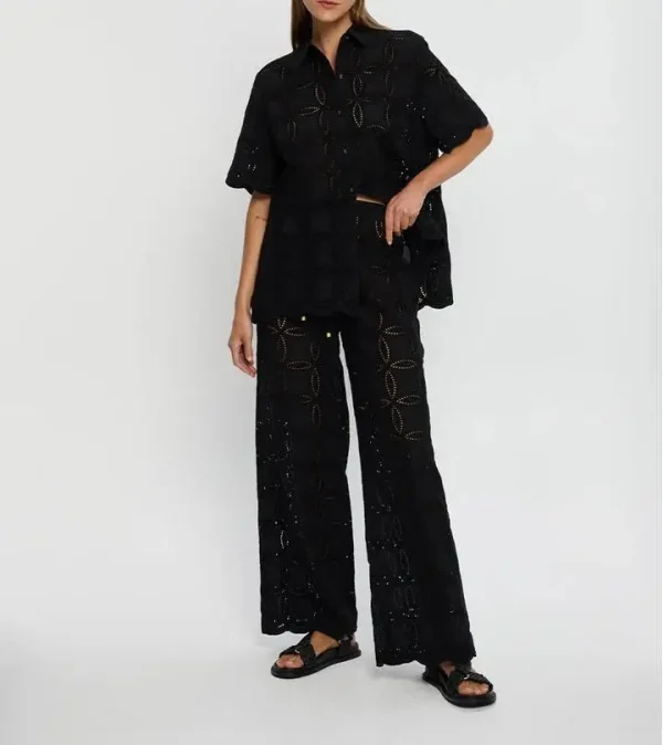 New Arrival Women Black Hollow Short Sleeve Shirt Stylish Casual Vacation Chic Blouse - Image 2