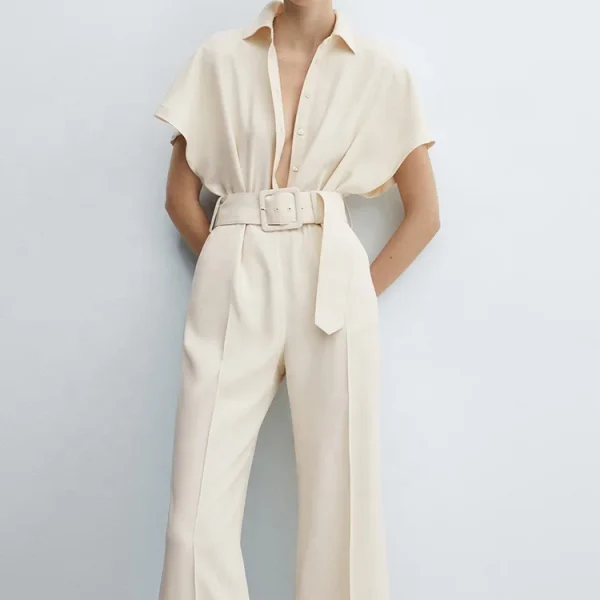New Design Summer Casual Ladies Shirt Straight Leg Pants  Romper Women Cotton Linen Jumpsuit With Belt - Image 3