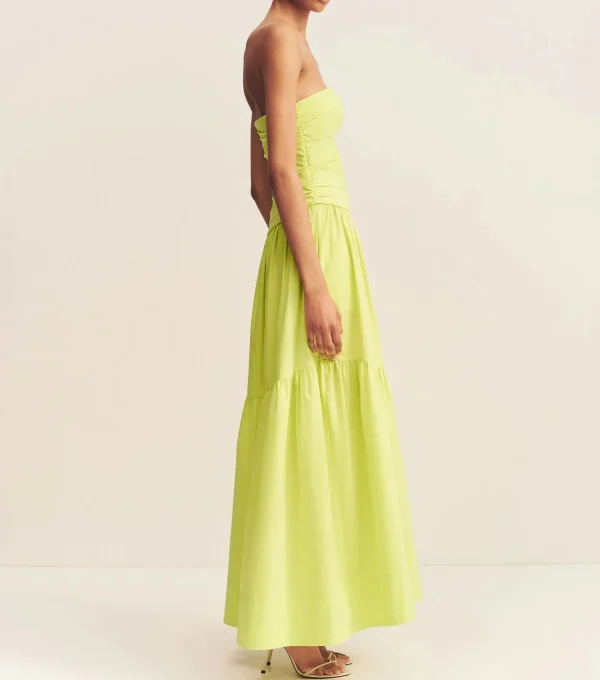Cotton Linen A-Line Strapless Solid Color Tiered Draped Bodice With Side Tucks Maxi 100%Linen Dress - Image 5