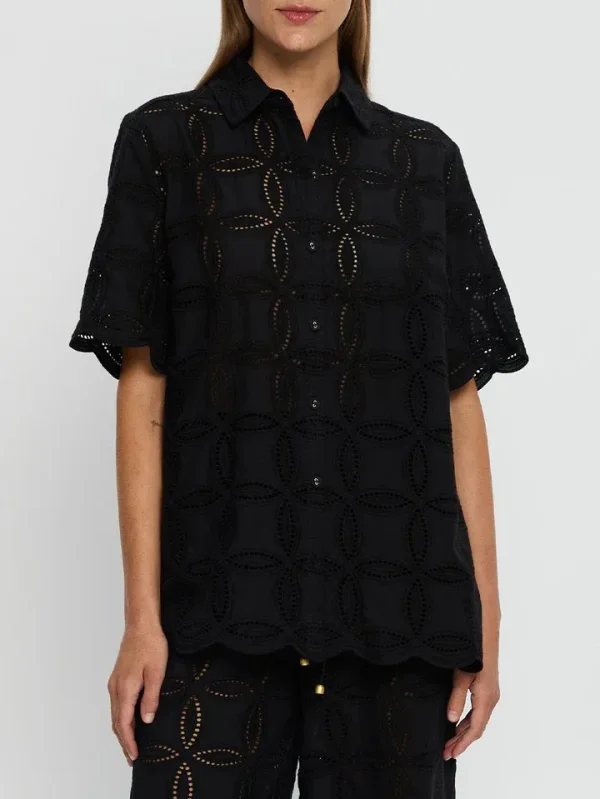 New Arrival Women Black Hollow Short Sleeve Shirt Stylish Casual Vacation Chic Blouse - Image 3