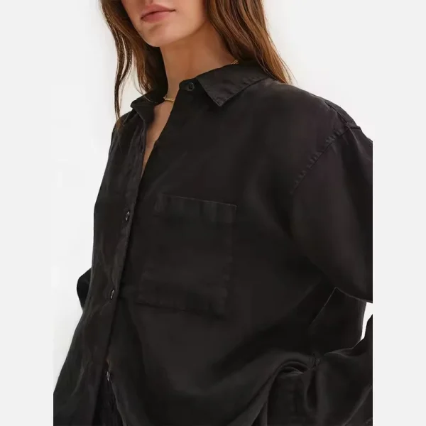 Women Autumn Long Sleeve Shirt Black Boyfriend Fit Boxy Tops Organic Linen Oversized Button Down 100% Organic Linen Shirt - Image 4