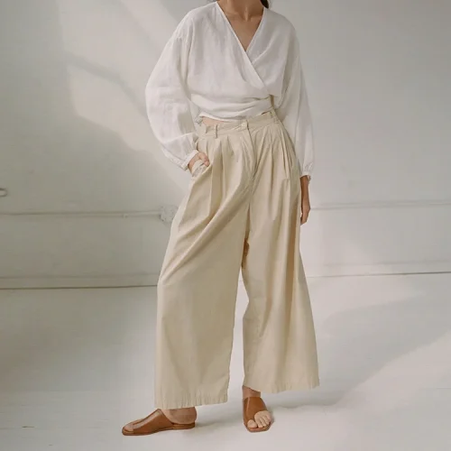 New Design Women Lightweight Cotton Linen Relaxed Zipper High Waist Loose Wide Leg Pants for Ladies Casual Pleated Trousers