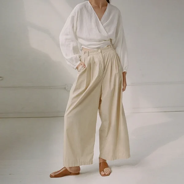 New Design Women Lightweight Cotton Linen Relaxed Zipper High Waist Loose Wide Leg Pants for Ladies Casual Pleated Trousers