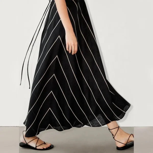 Eco Friendly Casual Loose Stripe Dresses Women Lady Elegant 100% Cotton Linen Sleeveless V Neck Sling Long One Piece Dress - Image 4