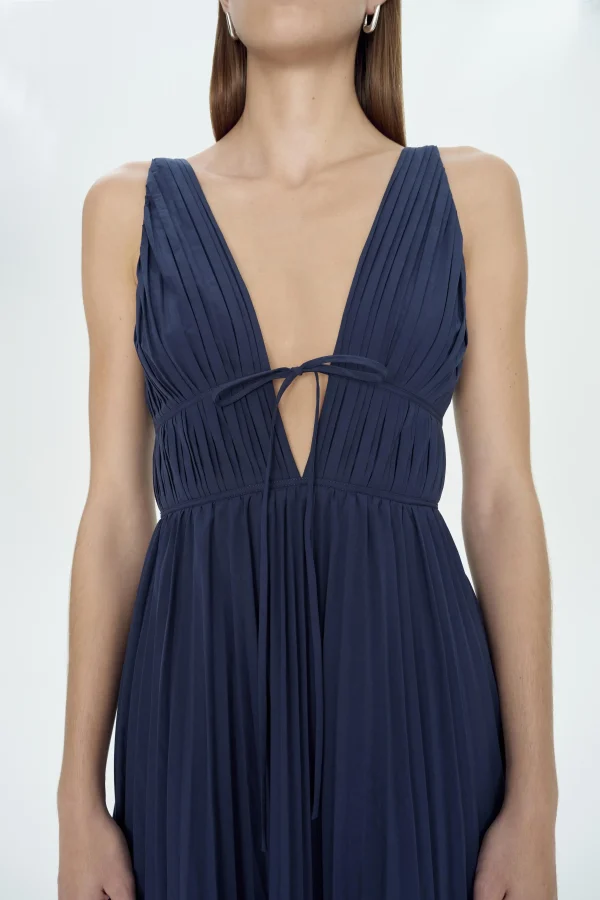 Elegant Midi Length Pleated Slip Dress A-line Skirt V- Neck Cotton Linen Straps Dress - Image 2