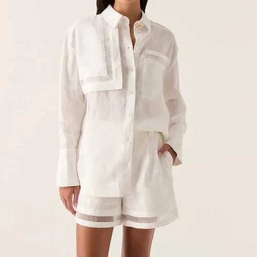 New Design Summer Long Sleeve Ladies Shirts Elegant Womens  Linen Cotton Fabric Button up Casual Blouses