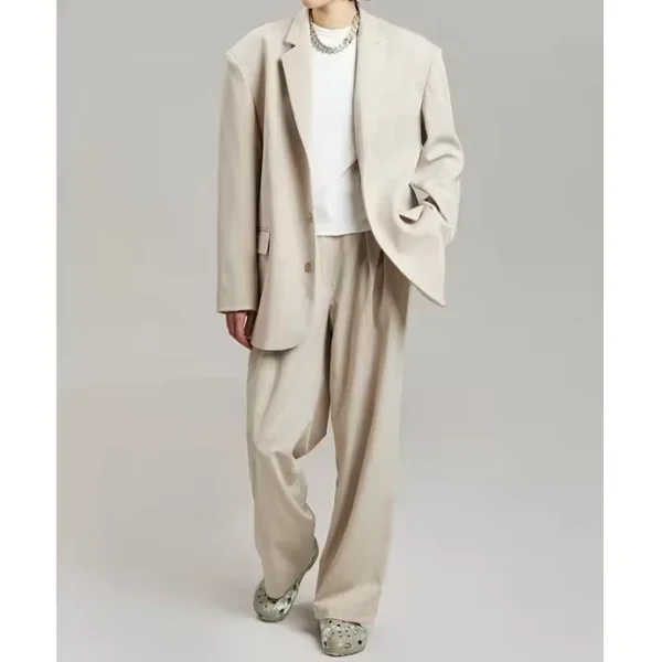 Women Jacket Beige Mid Weight Suiting Oversized Silhouette Padded Shoulders Flap Front Pockets Button Front Oversized Fit blazer - Image 6