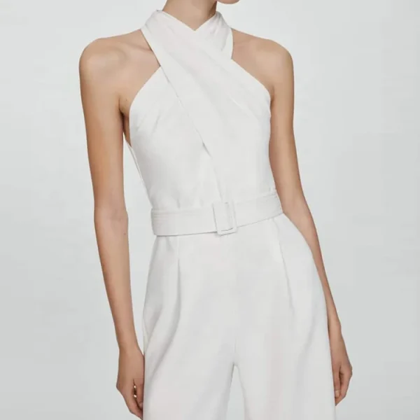 Summer High Quality Women Linen Clothing Sleeveless Halter White Casual Jumpsuit Belt Loose Straight Linen Cotton Bodysuits - Image 6