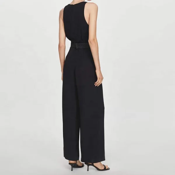 Solid Color Summer Casual Women Vest Plain Rompers Black Linen and Cotton One Piece Jumpsuits - Image 3