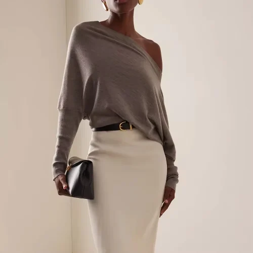 Knitwear Autumn Winter Cashmere Irregular Collar One Line Neckline Long Sleeve Sweater
