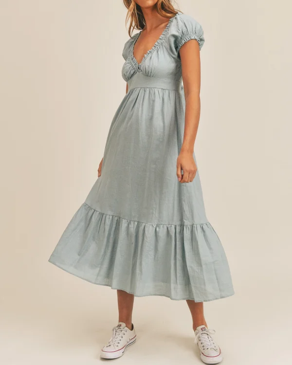 Cotton Linen Dress Ladies Short Sleeve Puff Sleeve Deep V-Neck Elegant Summer Dress Casual Midi Dress - Image 5