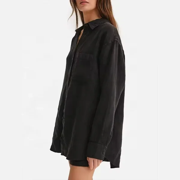 Women Autumn Long Sleeve Shirt Black Boyfriend Fit Boxy Tops Organic Linen Oversized Button Down 100% Organic Linen Shirt - Image 2