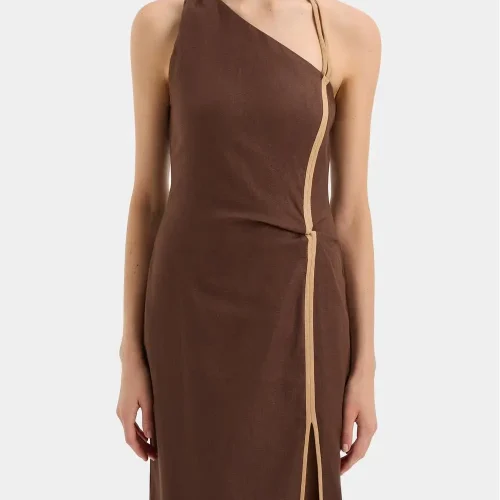 Elegant Linen One  Shoulder Maxi Dress with Contrast Trim Ideal for Beach Weddings Graceful and Breathable
