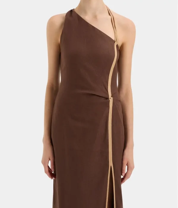 Elegant Linen One  Shoulder Maxi Dress with Contrast Trim Ideal for Beach Weddings Graceful and Breathable