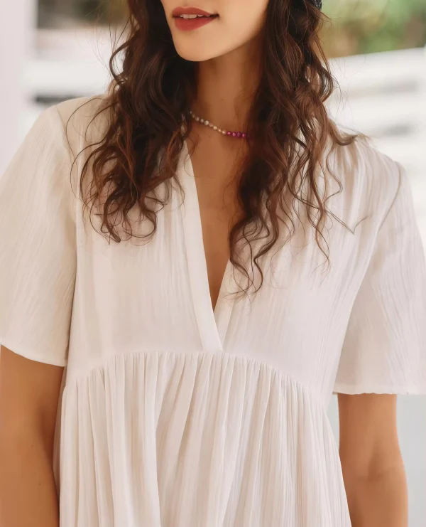 Design Short Sleeves V-neck Summer Casual Dresses Women Midi Dress Fashion Loose Fit White Ladies 100%Linen Dress - Image 3