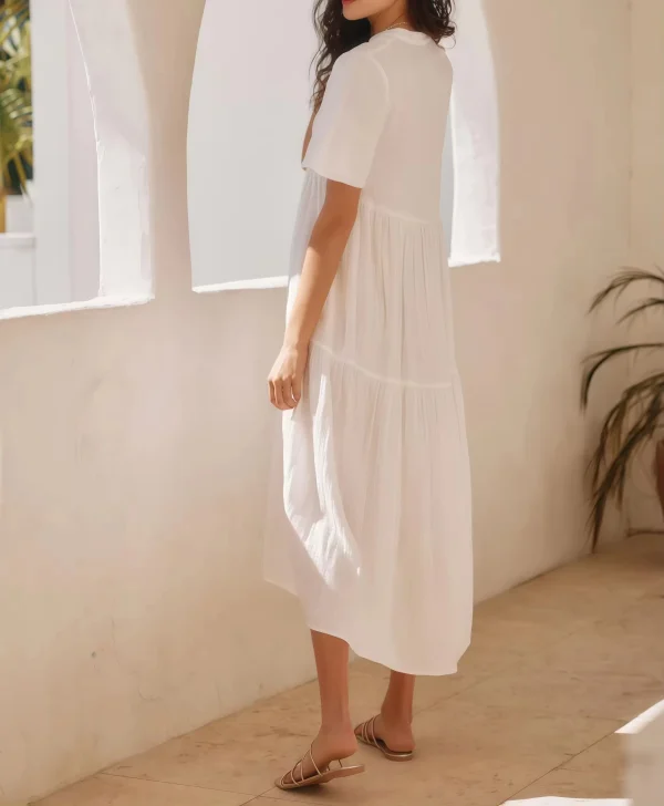 Design Short Sleeves V-neck Summer Casual Dresses Women Midi Dress Fashion Loose Fit White Ladies 100%Linen Dress - Image 2