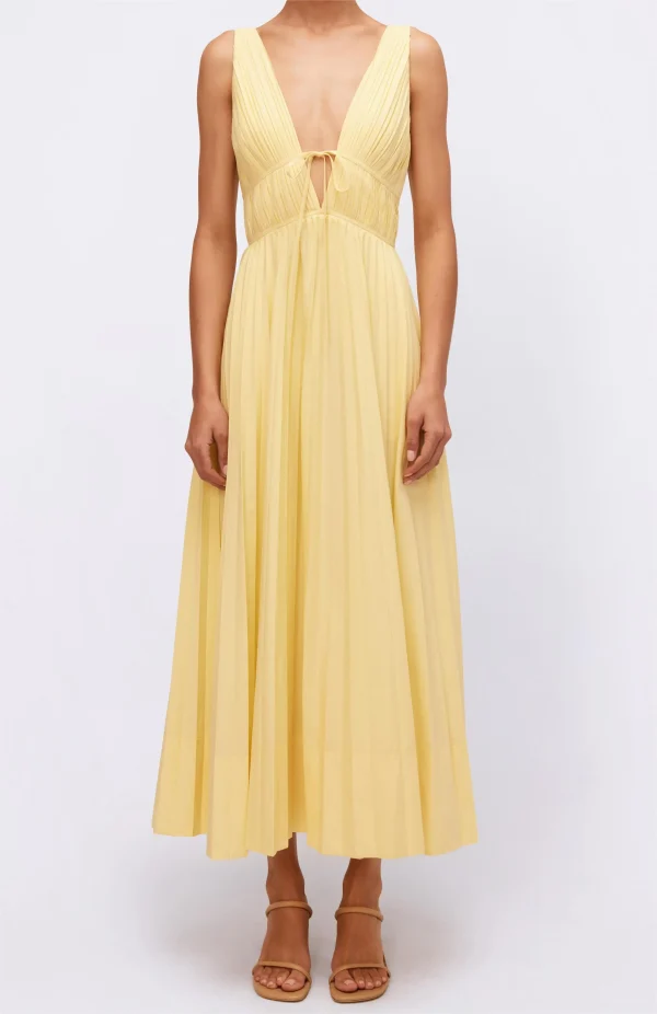 Elegant Midi Length Pleated Slip Dress A-line Skirt V- Neck Cotton Linen Straps Dress - Image 4
