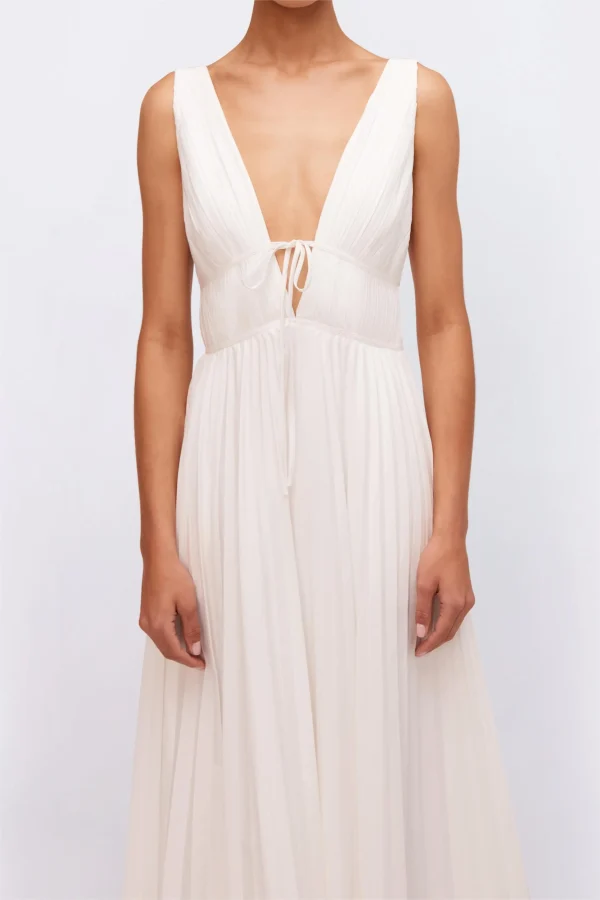 Elegant Midi Length Pleated Slip Dress A-line Skirt V- Neck Cotton Linen Straps Dress - Image 5
