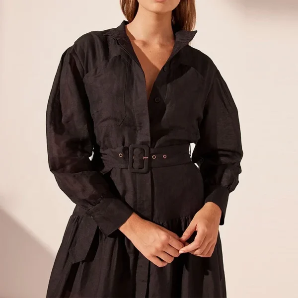 Elegant Stand Collar Women Belt Button up Long Shirt Dress Vintage Long Sleeve Casual Linen Maxi Dresses - Image 6