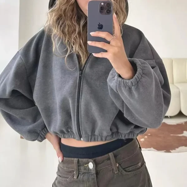 New Women's Casual Dropped Shoulders Short Cropped Navel Zipper Elastic Hem Hoodie Oversize Long-sleeved Sweatshirt - Image 3