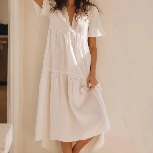 Design Short Sleeves V-neck Summer Casual Dresses Women Midi Dress Fashion Loose Fit White Ladies 100%Linen Dress