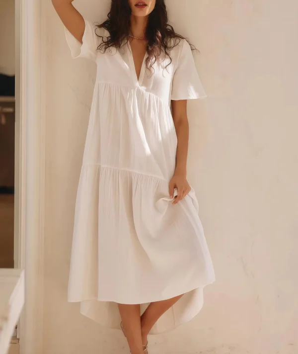 Design Short Sleeves V-neck Summer Casual Dresses Women Midi Dress Fashion Loose Fit White Ladies 100%Linen Dress