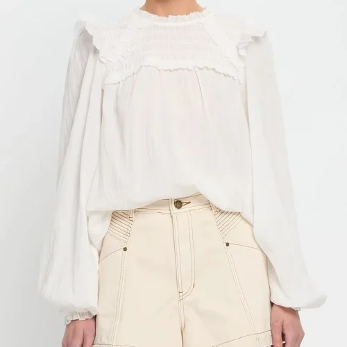 Sophisticated Best Seller the Delicate Folds on the Chest and the Lace Patchwork Design Lantern Sleeves Cotton Shirt