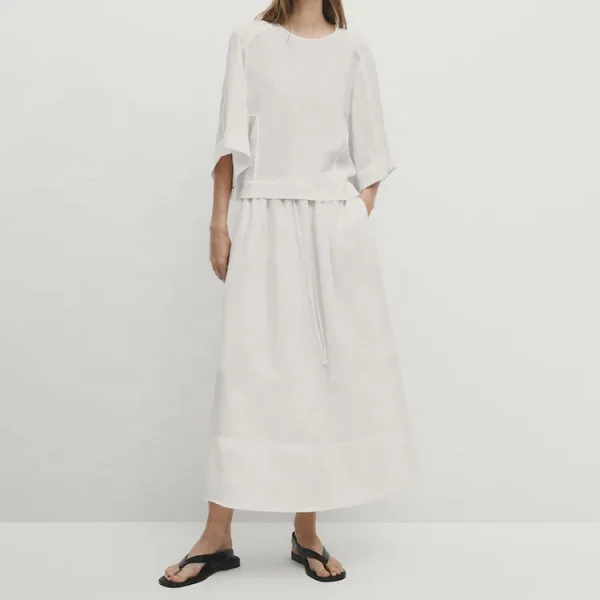 Linen Casual Dress White Drawstring 100% Pure Cotton Linen Long Dress Simple All-match Loose Skirt for Women - Image 2