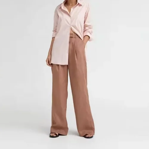 Women Long Sleeve Shirt Curved Side-split Hem Longer Back Detail Oversized Fit Long-sleeve Shirt pink Cotton Shirt