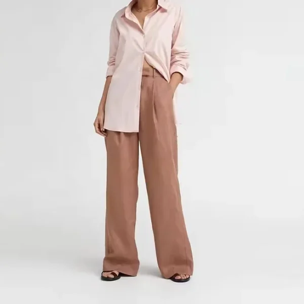 Women Long Sleeve Shirt Curved Side-split Hem Longer Back Detail Oversized Fit Long-sleeve Shirt pink Cotton Shirt