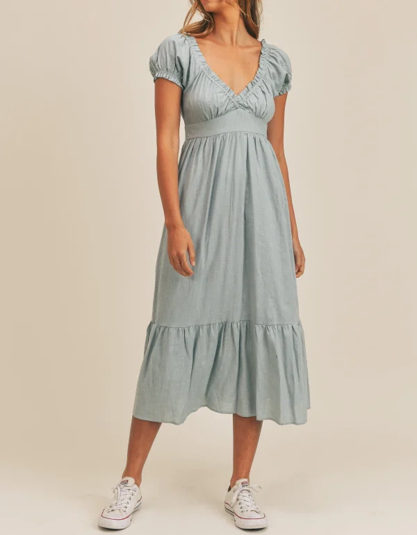 Cotton Linen Dress Ladies Short Sleeve Puff Sleeve Deep V-Neck Elegant Summer Dress Casual Midi Dress - Image 3