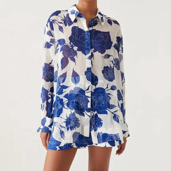 New Design Women Summer Floral Printed Linen Shirt Lounge Seaside Wear Turn-down Collar Blouse Top Sleepwear Pajama - Image 3