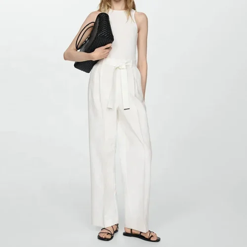 Top Fashion New Summer Clothing Elegant Office Lady White Linen Jumpsuit Women Rompers Casual Bodysuit With Belt