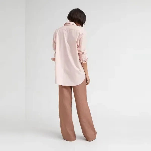 Women Long Sleeve Shirt Curved Side-split Hem Longer Back Detail Oversized Fit Long-sleeve Shirt pink Cotton Shirt - Image 2