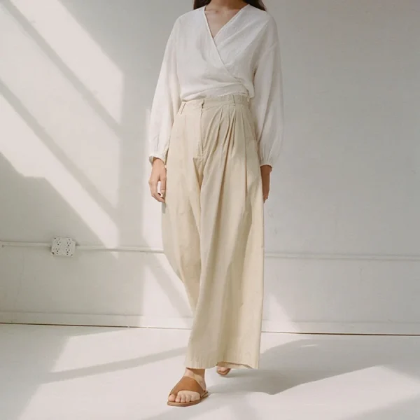 New Design Women Lightweight Cotton Linen Relaxed Zipper High Waist Loose Wide Leg Pants for Ladies Casual Pleated Trousers - Image 2