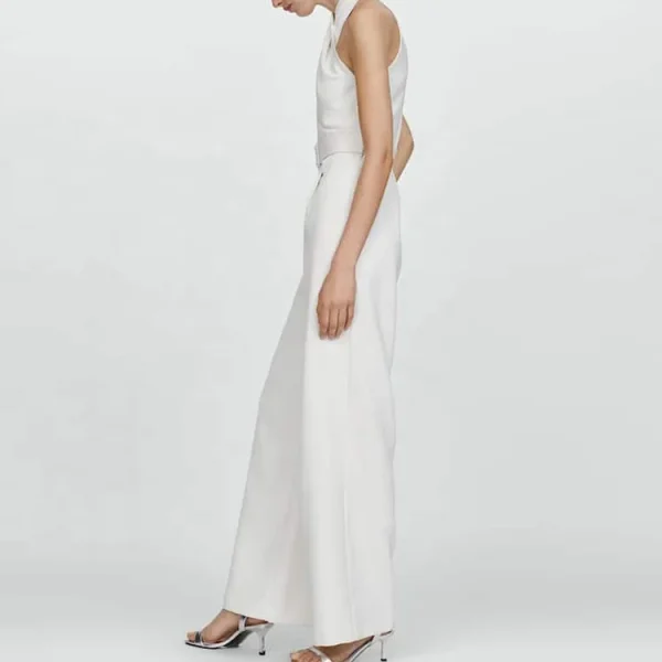 Summer High Quality Women Linen Clothing Sleeveless Halter White Casual Jumpsuit Belt Loose Straight Linen Cotton Bodysuits - Image 2
