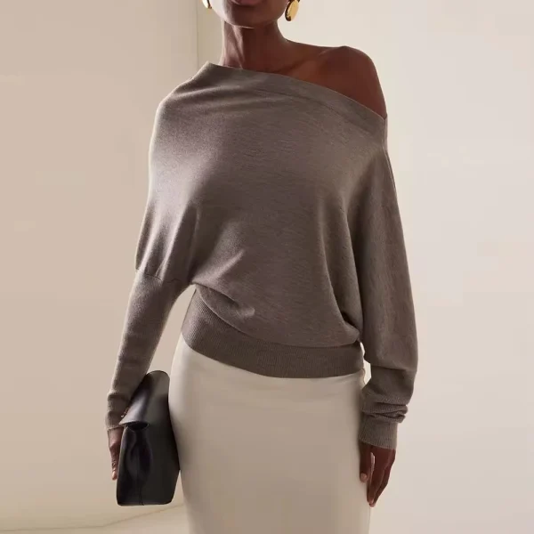 Knitwear Autumn Winter Cashmere Irregular Collar One Line Neckline Long Sleeve Sweater - Image 2