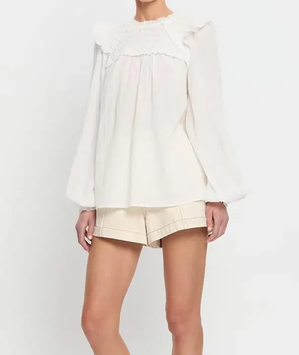 Sophisticated Best Seller the Delicate Folds on the Chest and the Lace Patchwork Design Lantern Sleeves Cotton Shirt - Image 2